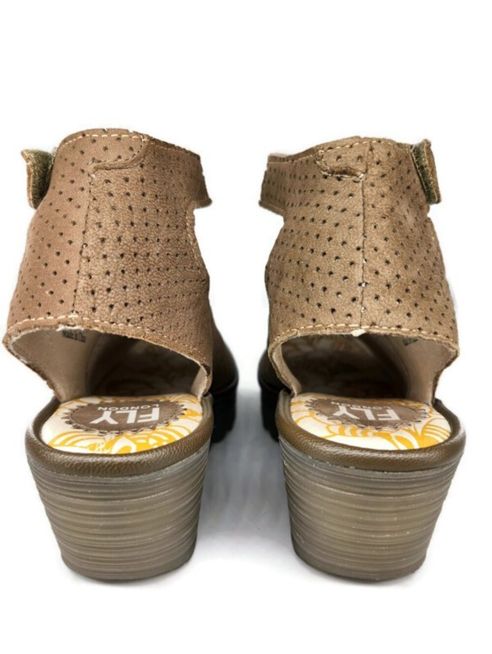 Fly London Yala Taupe Perforated Leather Ankle Strap Peep-Toe Wedge Heel Sandals - Picture 12 of 15